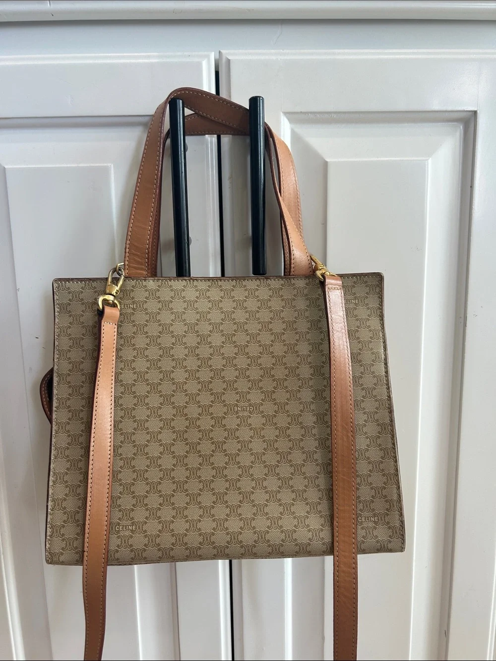 CELINE Beige Triomphe Canvas Satchel with Tan Leather Trim 10”X9”X4,5